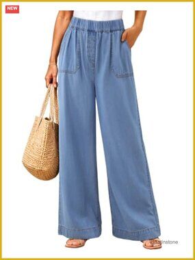 Wide Leg High Waisted Pull On Jeans, Stretchy Denim with Patch Pockets,